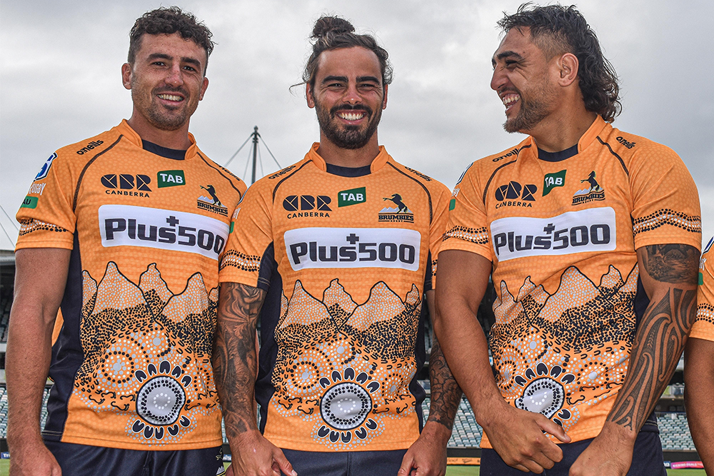 Andy Muirhead (centre) is proud of the way his side has embraced the Super Rugby AU First Nations Round this week. Photo: Lachlan Lawson/Brumbies Media